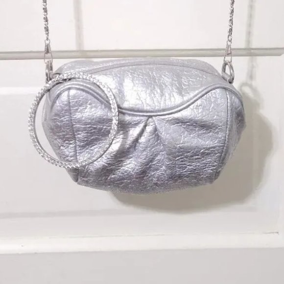 NEW Big Buddha SHINY Metallic SILVER Mini Crossbody Clutch Purse Rhinestone Zip - Picture 2 of 12